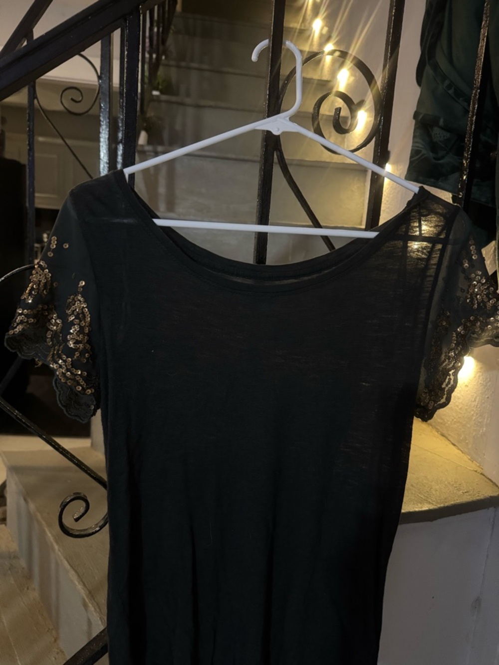 aerie Black Short Sleeve Tee with Sequin Lace Sleeves
